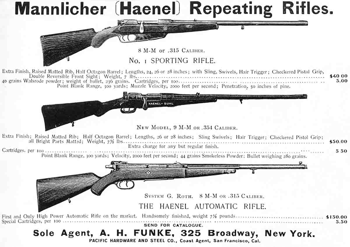 A period magazine advertisement for Haenel-Mannlicher rifles claimed the 236-grain bullet penetrated “50 inches of pine.”